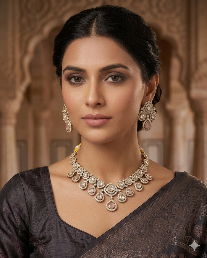 Baby Pink - Medium Size Antique Gold Finish Choki Necklace Set with Earrings - Bollywood - AVON-KU1788  08VT25