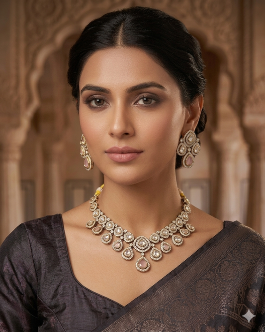 Baby Pink - Medium Size Antique Gold Finish Choki Necklace Set with Earrings - Bollywood - AVON-KU1788  08VT25