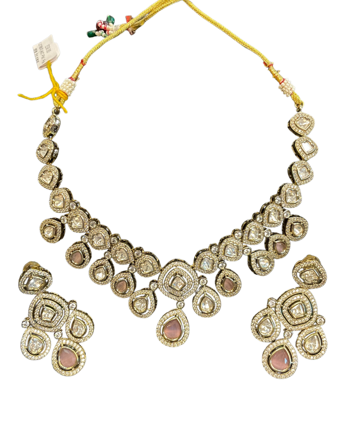 Baby Pink - Medium Size Antique Gold Finish Choki Necklace Set with Earrings - Bollywood - AVON-KU1788  08VT25