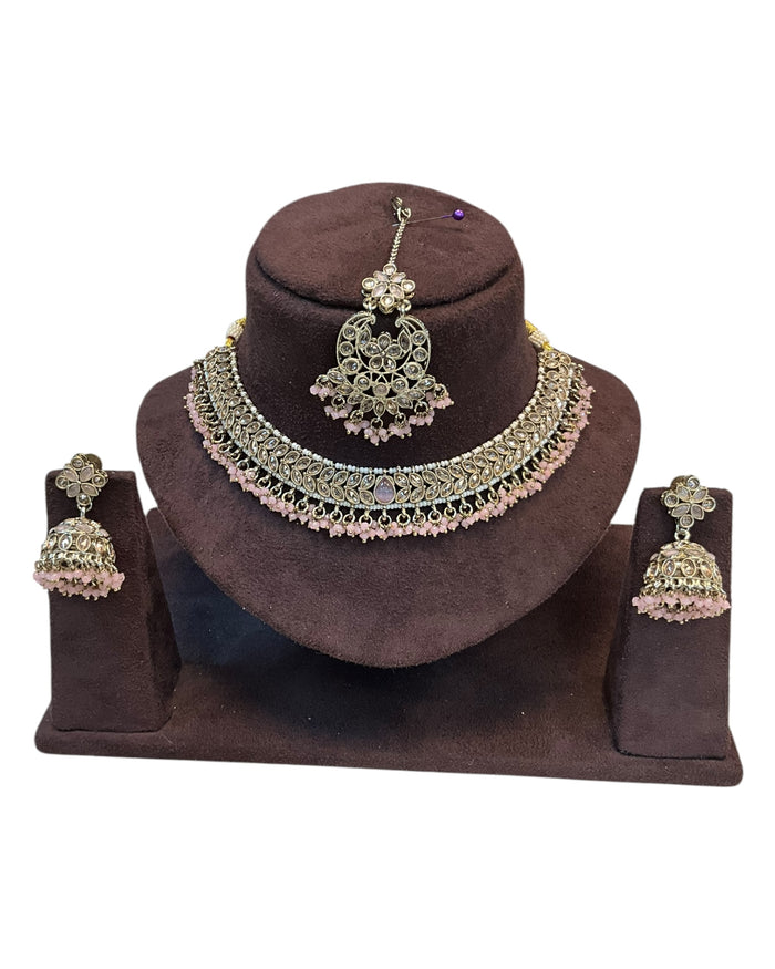 Baby Pink  - Medium Size Antique Gold Finish Necklace Set with Earrings & Tika Head piece - GGA05  KV 0525