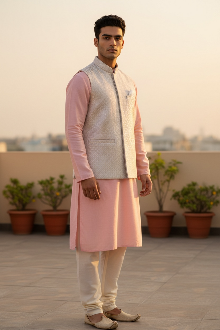 Baby Pink - Premium Self All Over Embroidered - Mens Indian Waistcoat - UK Stock - 24 hr Dispatch - KCS4787 03KR26