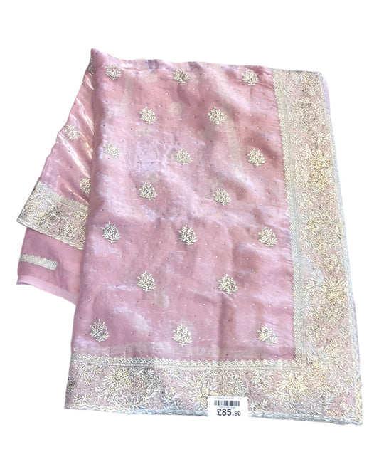 Baby Pink - Tissue Crepe - Party Wear Embroidered Saree with Blouse Piece - SP2504015 VR
