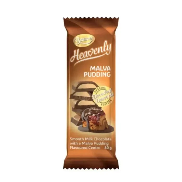 Beacon Heavenly Malva Pudding 90g bar featuring rich blend of malva and chocolate pudding mixes, traditional South African dessert
