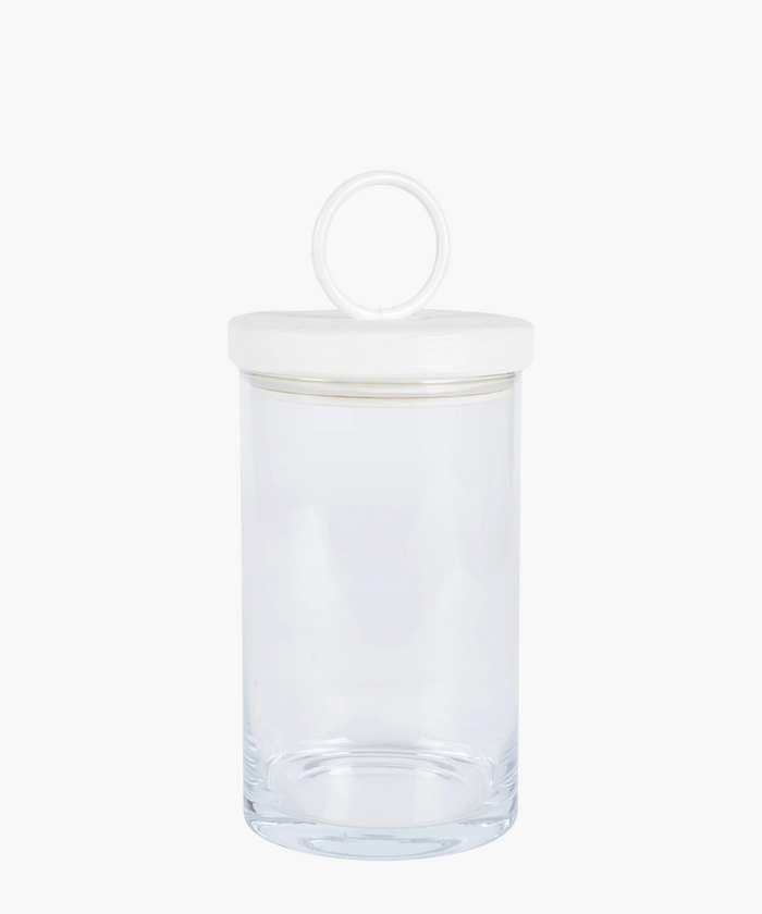 Clear glass jar with a round, white iron and reclaimed wood lid featuring a loop handle. The jar is empty, showcasing its clean and minimalist design. | Wildwood Home Co.