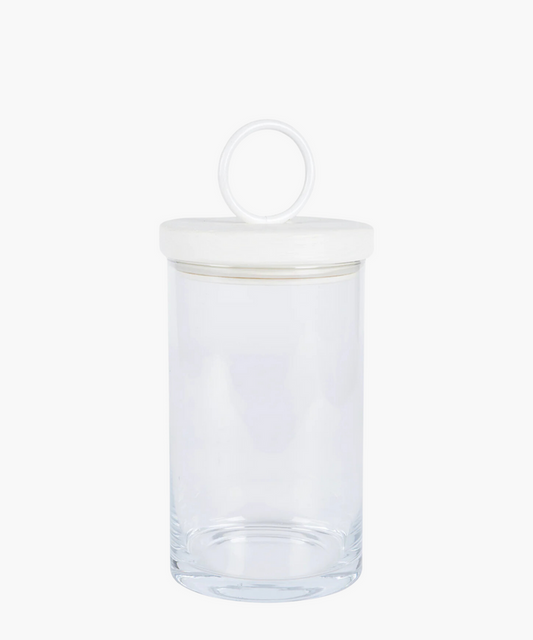 Clear glass jar with a round, white iron and reclaimed wood lid featuring a loop handle. The jar is empty, showcasing its clean and minimalist design. | Wildwood Home Co.