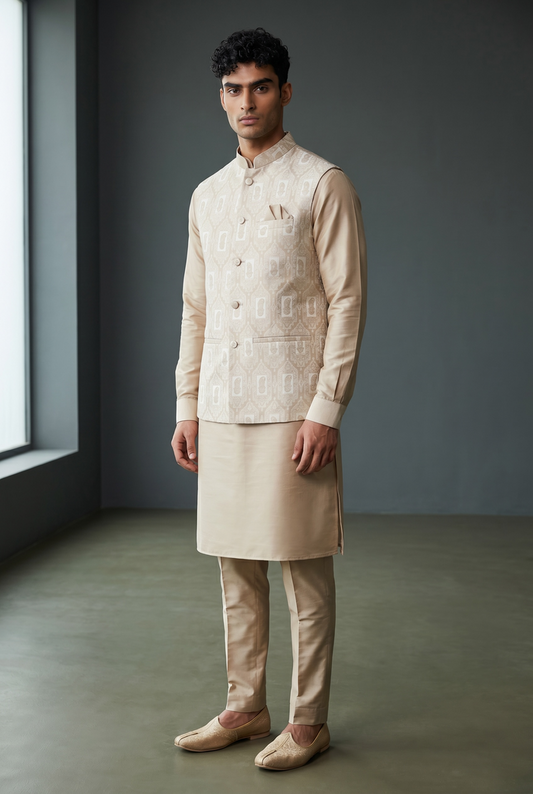 Beige - Mens Kurta Set with Rich Brocade Waistcoat  - UK Stock - Quick Dispatch - SHU2605 05VV26