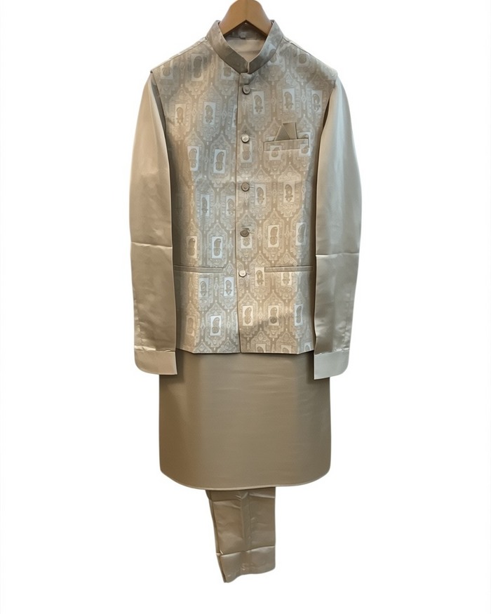 Beige - Mens Kurta Set with Rich Brocade Waistcoat  - UK Stock - Quick Dispatch - SHU2605 05VV26