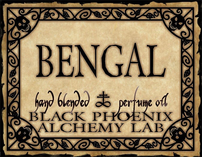 Label for 'Bengal' hand blended perfume oil by Black Phoenix Alchemy Lab with decorative border.