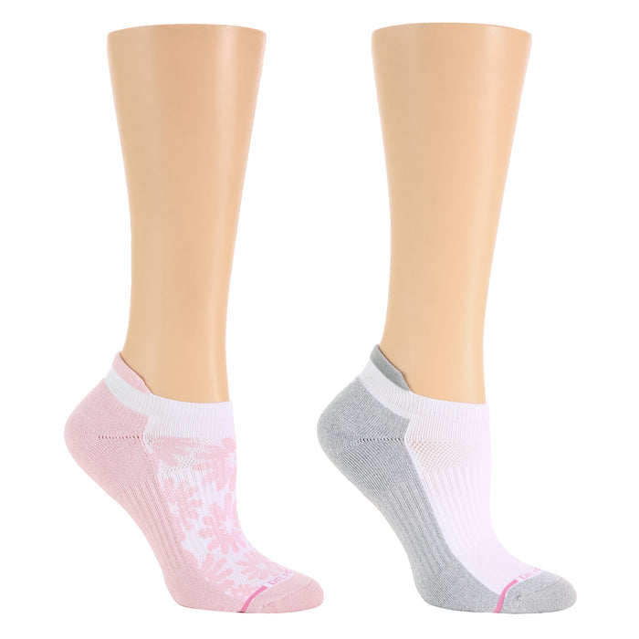 Ankle compression socks in pink floral and gray with white accents, displayed on mannequin legs.