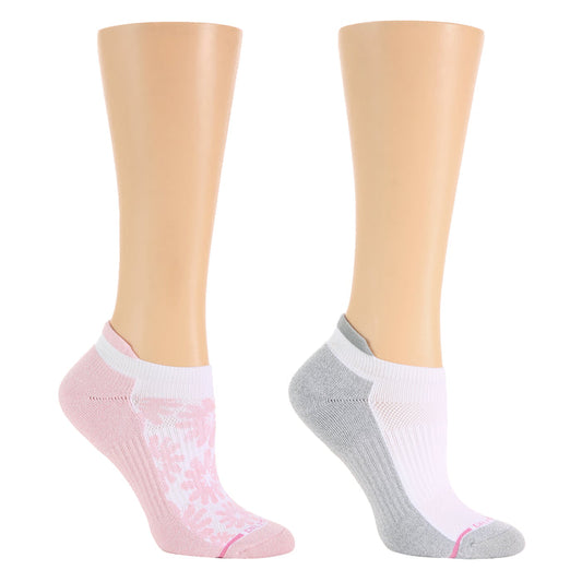 Ankle compression socks in pink floral and gray with white accents, displayed on mannequin legs.