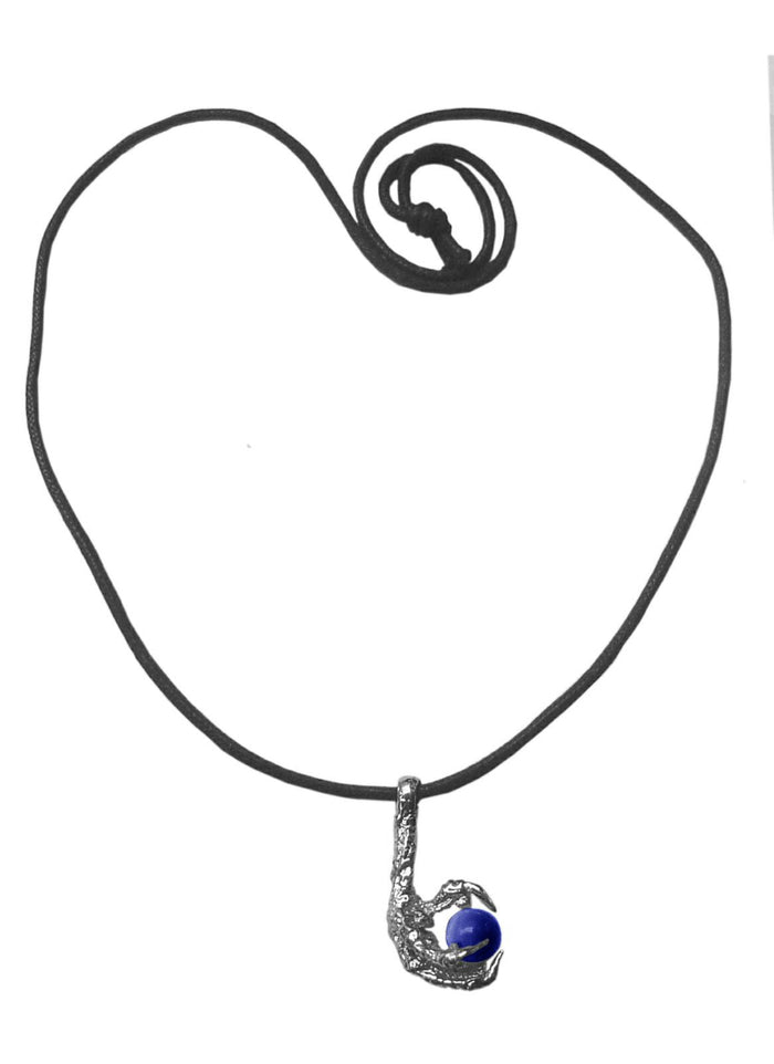 silver bird claw necklace with blue bead pendant on black cord front view