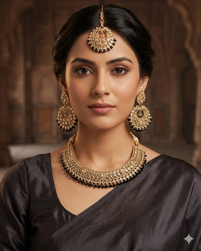 Black - Medium Size Antique Gold Finish Necklace Set with Earrings - SJ07 08KY25