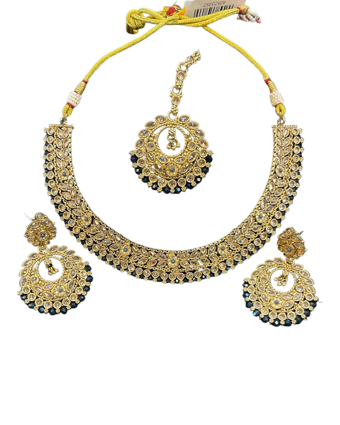 Black - Medium Size Antique Gold Finish Necklace Set with Earrings - SJ07 08KY25
