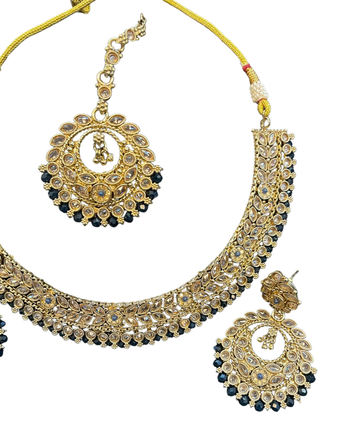 Black - Medium Size Antique Gold Finish Necklace Set with Earrings - SJ07 08KY25