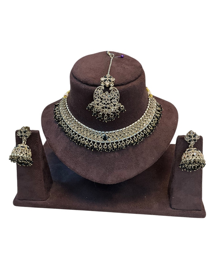 Black - Medium Size Antique Gold Finish Necklace Set with Earrings & Tika Head piece - GGA05  KV 0525