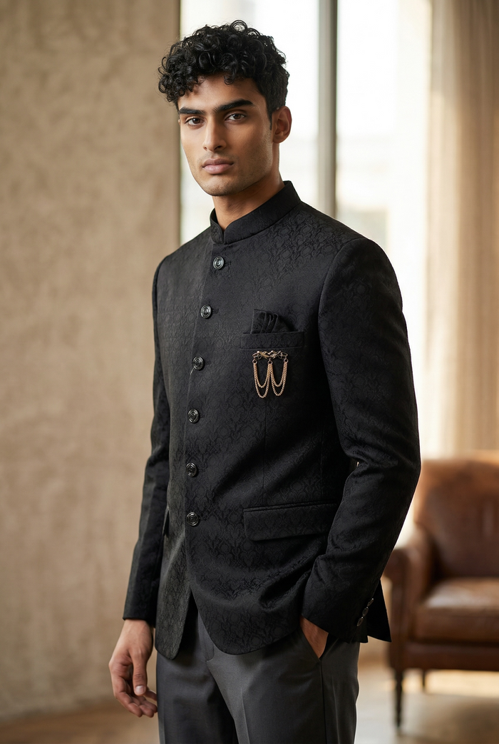 Black - PREMIUM Slim Fit Mens Self Brocade BandhGala / Prince / Chinese Collar Jacket - Fantastic Fit - CS2501 01TA25