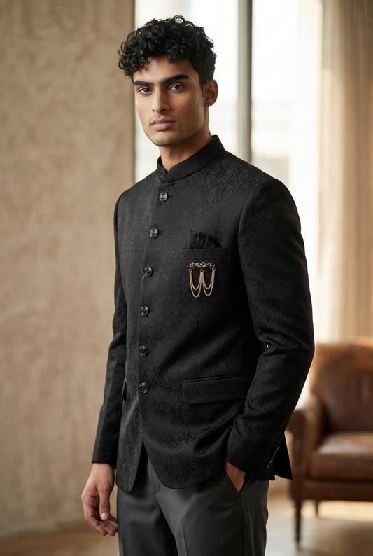 Black - PREMIUM Slim Fit Mens Self Brocade BandhGala / Prince / Chinese Collar Jacket - Fantastic Fit - CS2501 01TA25
