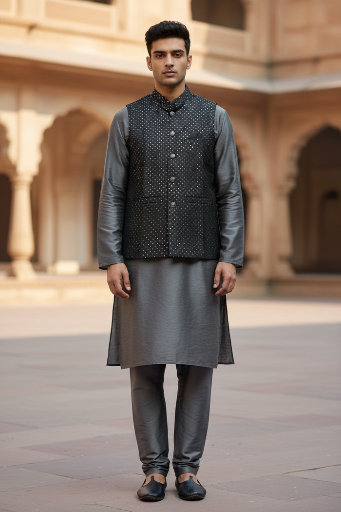 Black - Sequins All Over Embroidered - Mens Indian Waistcoat - UK Stock - 24 hr Dispatch - KCS4785 03KR26