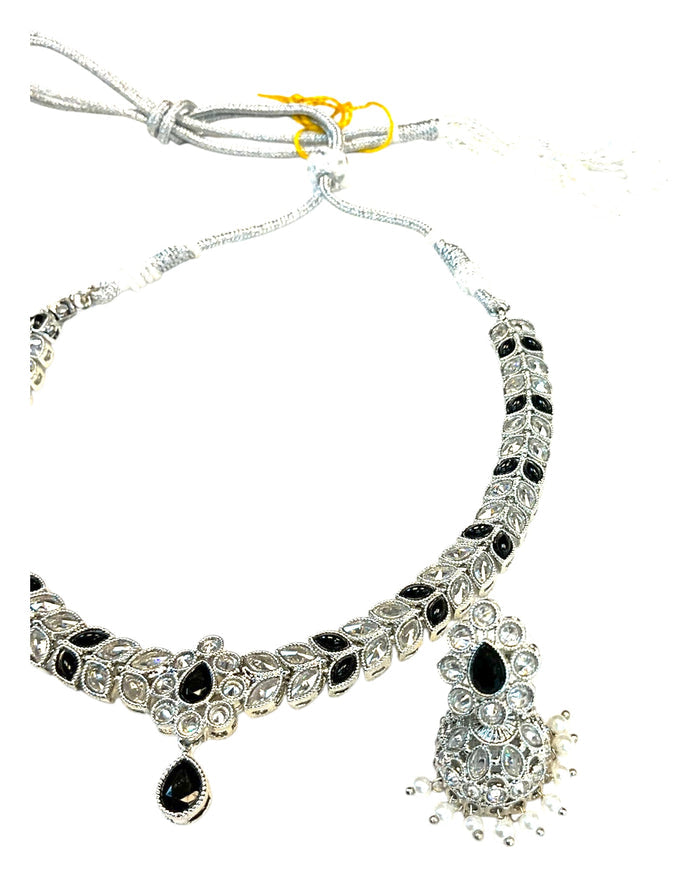 Black - Small Size Silver Finish Necklace Set with Earrings - SJ05 08C25