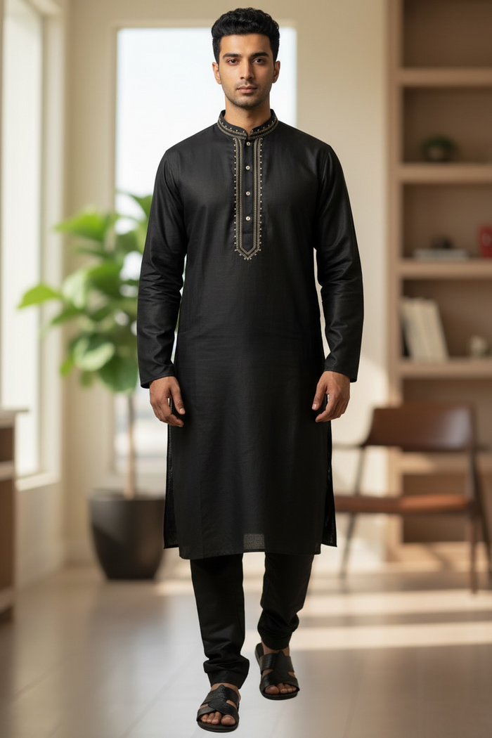 Black - Soft Cotton Mens Kurta Set with Neck Thread Embroidery- Sangeet Mehendi Haldi - KCS1038 03KT26