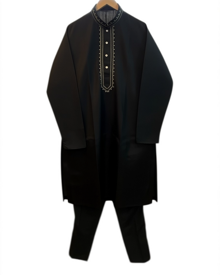 Black - Soft Cotton Mens Kurta Set with Neck Thread Embroidery- Sangeet Mehendi Haldi - KCS1038 03KT26