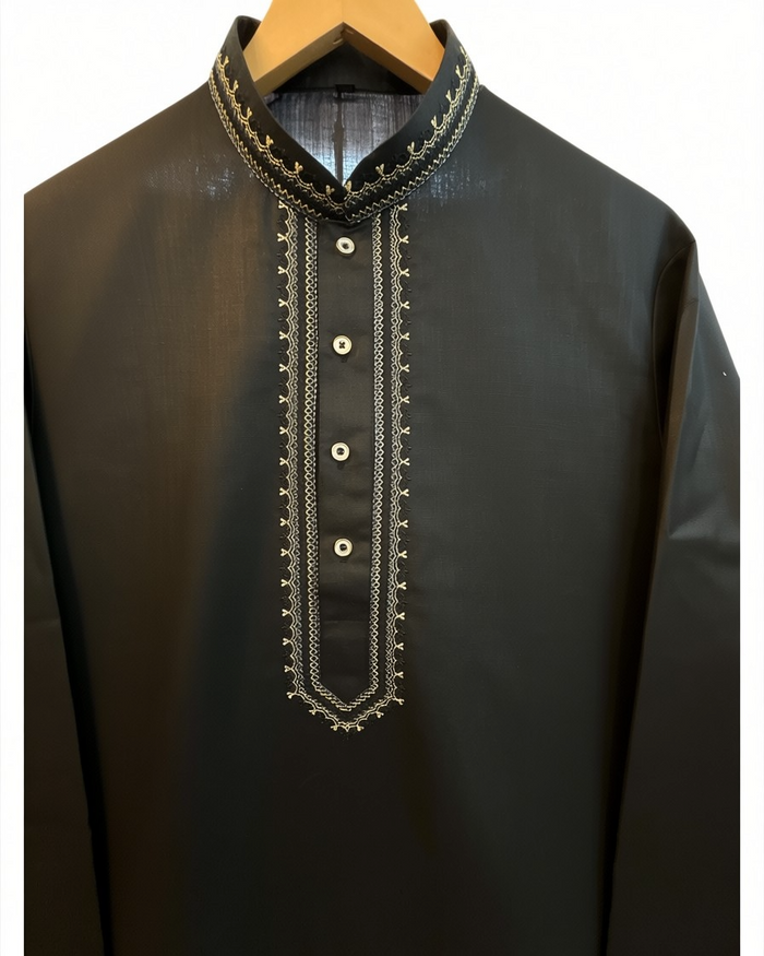 Black - Soft Cotton Mens Kurta Set with Neck Thread Embroidery- Sangeet Mehendi Haldi - KCS1038 03KT26