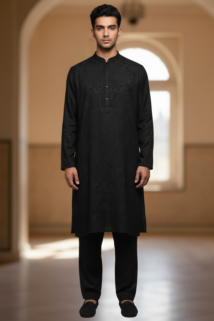 Black - Soft Cotton Self Woven Mens Kurta Set - Sangeet Mehendi Haldi - KCS1263 03KJ26