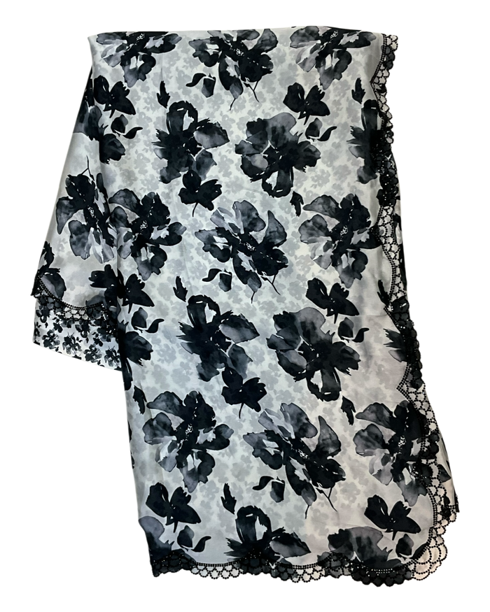 Black Floral - Classic Satin Crepe Saree with Stone Work and Blouse Piece - UK stock - 24hr Dispatch - RS2515 VJ