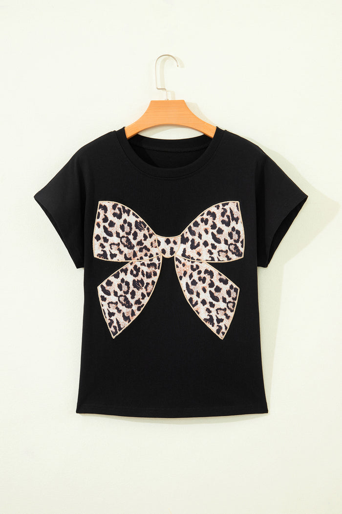 Black Leopard Bow Embroidered Cotton Round Neck T Shirt