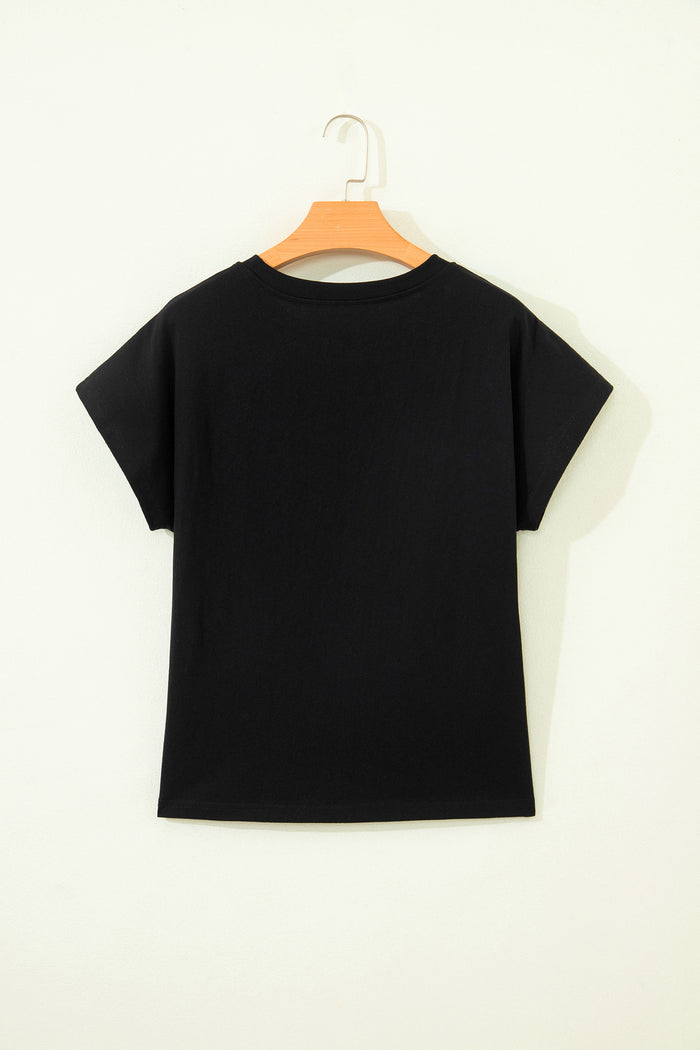 Black Leopard Bow Embroidered Cotton Round Neck T Shirt