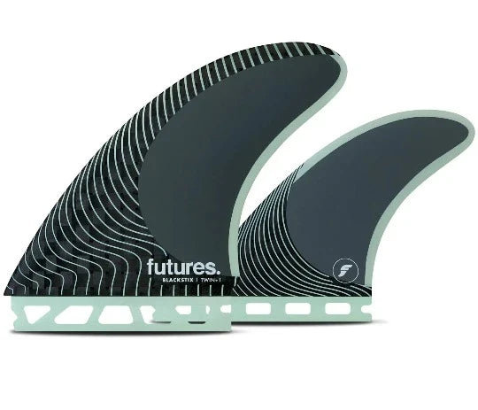 Futures Blackstix Twin plus 1 surfboard fins in frost carbon fiber pivot template