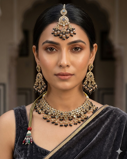 Blue - Large Size Antique Gold Finish Necklace Set with Earrings & Head Piece - Bollywood - AE2513 08KK25