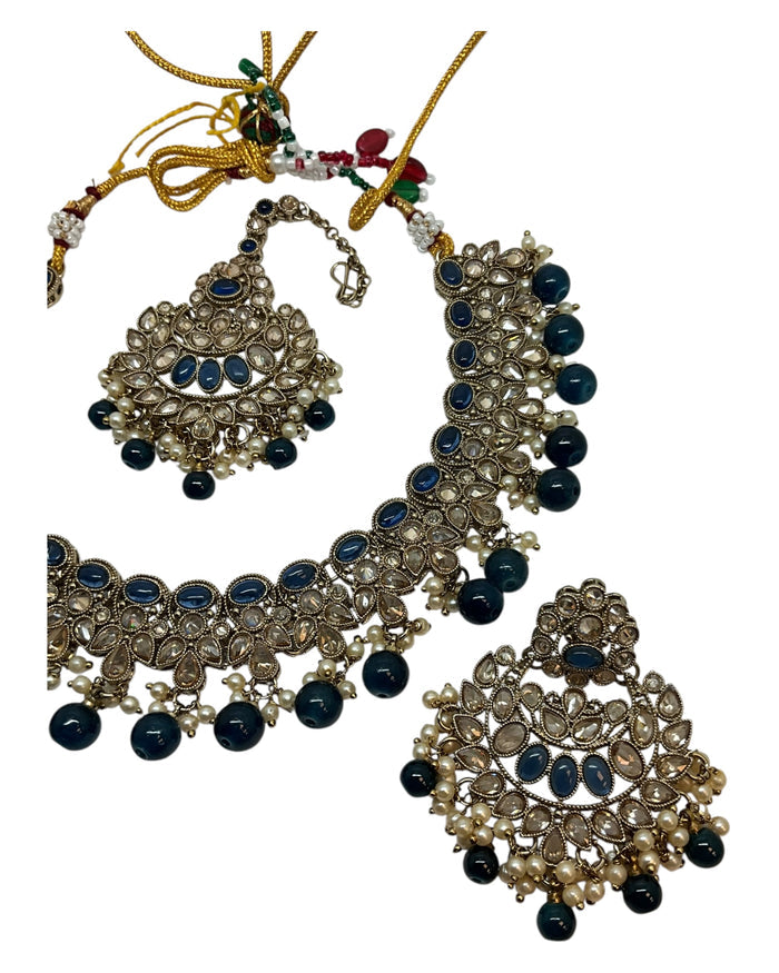 Blue - Large Size Antique Gold Finish Necklace Set with Earrings & Head Piece - Bollywood - AE2514 08KY25