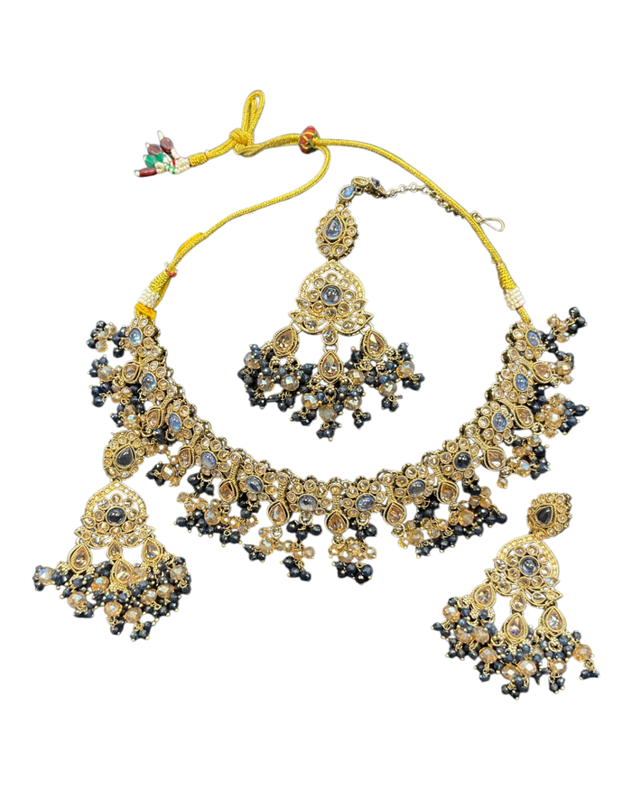 Blue - Large Size Antique Gold Finish Necklace Set with Earrings & Head Piece - Bollywood - AE2513 08KK25