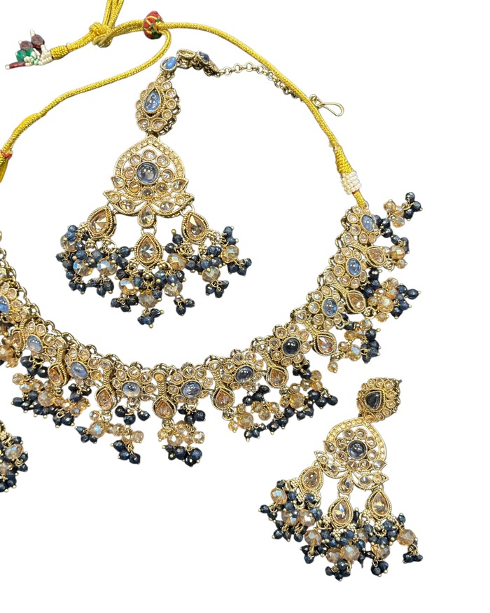 Blue - Large Size Antique Gold Finish Necklace Set with Earrings & Head Piece - Bollywood - AE2513 08KK25