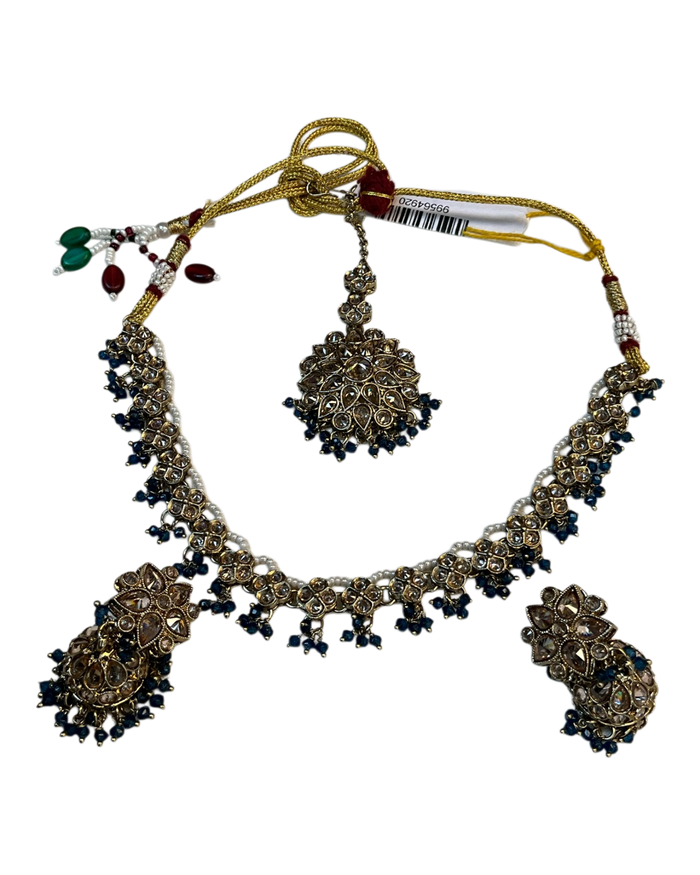 Blue - Medium Size Silver Finish Necklace Set with Earrings & Head Piece - RAK417 08R25