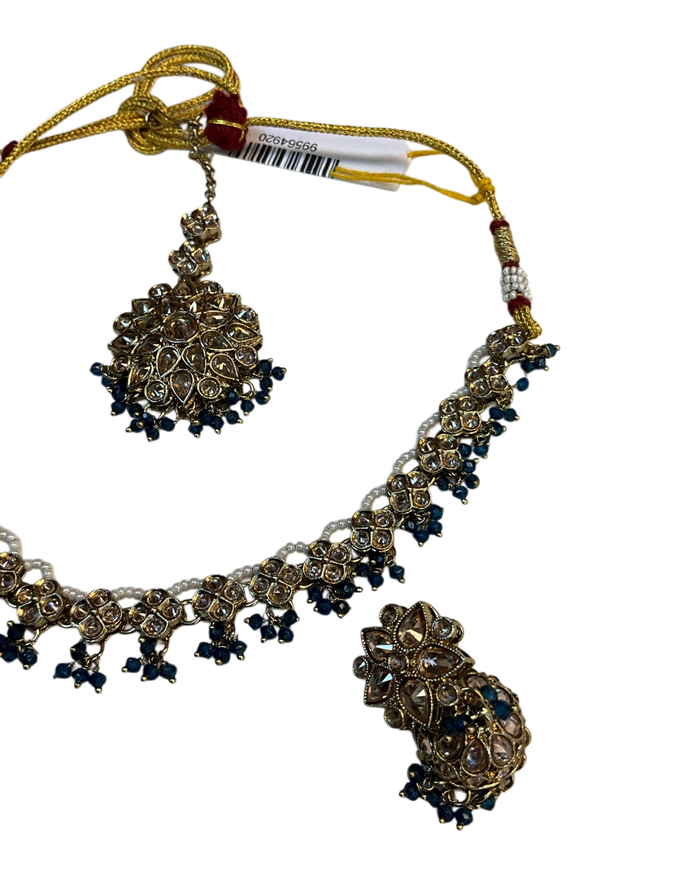 Blue - Medium Size Silver Finish Necklace Set with Earrings & Head Piece - RAK417 08R25