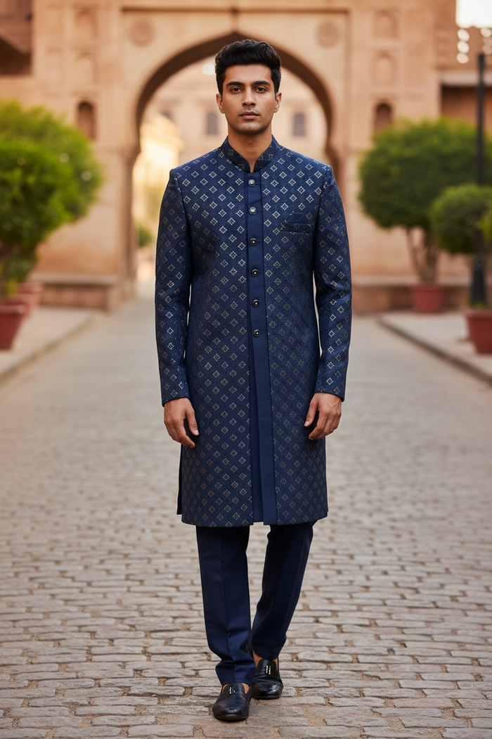Blue - Mens Knee Length  Jacket with Long Waistcoat - Sherwani / Indo-Western - Fantastic Fit - KCS6625 03TT26