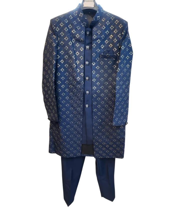 Blue - Mens Knee Length  Jacket with Long Waistcoat - Sherwani / Indo-Western - Fantastic Fit - KCS6625 03TT26