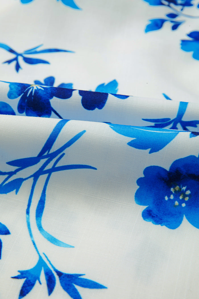 Blue Floral Long Sleeve Lace-up V Neck Blouse