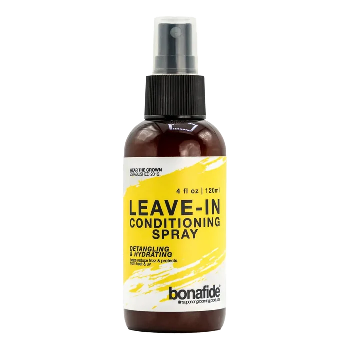 Bona Fide Leave-in Conditioner Spray i brun flaske med hvit etikett, fuktighetsgivende og mot floker