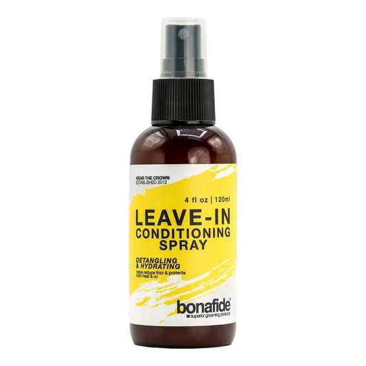 Bona Fide Leave-in Conditioner Spray i brun flaske med hvit etikett, fuktighetsgivende og mot floker