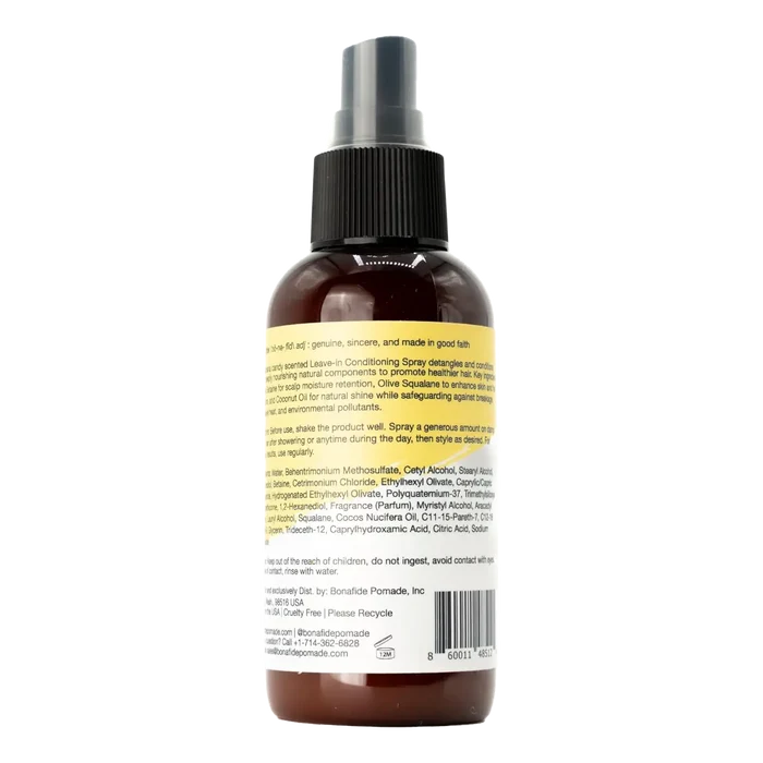 Baksiden av Bona Fide Leave-in Conditioner Spray med ingrediensliste og bruksanvisning på gul etikett