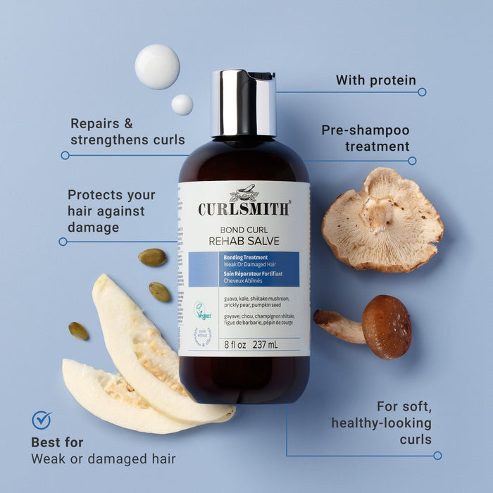 Curlsmitth bond curl rehab salve bottle with text on a blue background