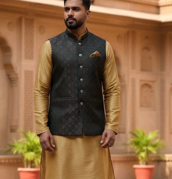 Bottle Green with Contrast Thread Brocade - Premium Mens Waistcoat - VNS-JKT13 10KJ25