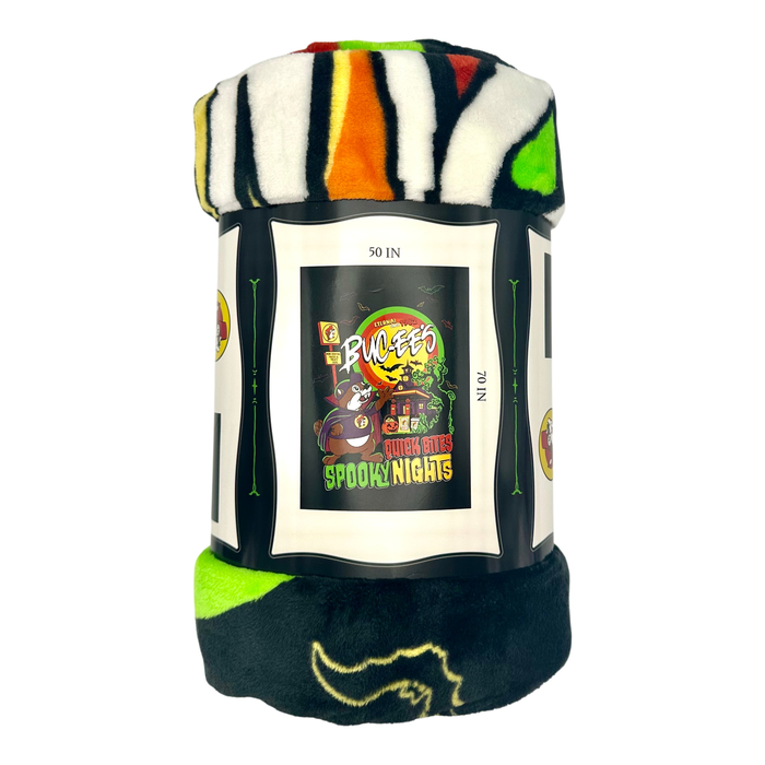 Multi-color blanket - "quick bites, spooky nights" printed text