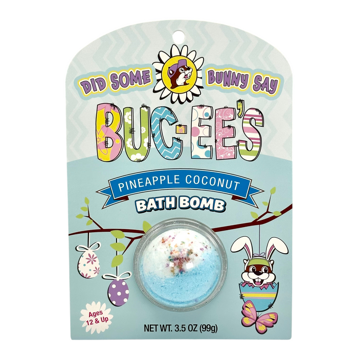 Buc-ee's soft blue bath bomb with colorful Easter graphics and bunny illustration