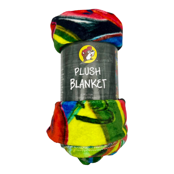 Buc-ee's colorful plush blanket with BBQ and Live Love Fudge text design