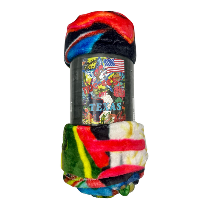 Buc-ee's vibrant polyester blanket showcasing Texas slogans in bold colors