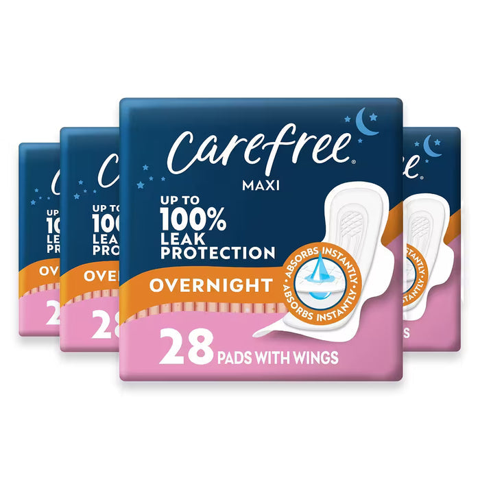 Carefree Maxi Overnight Pads with Wings  28 Pads – 4 Pack